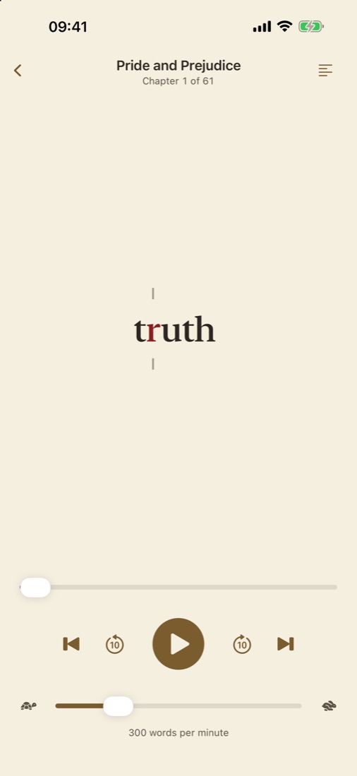 The reader showing one word, “truth”, with its focal letter highlighted, at 300 words per minute